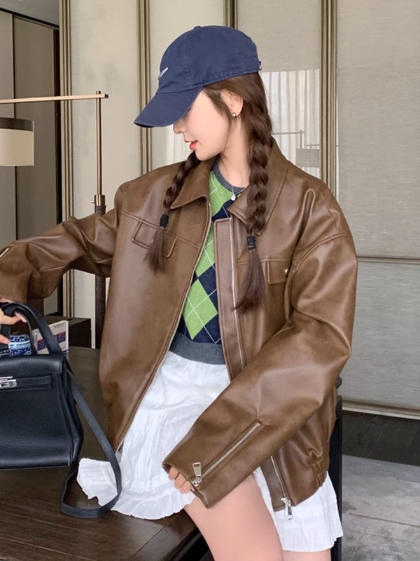 Retro American-Style Coffee-Colored Leather Jacket for Women, Summer Black Sweet-Cool Style Biker Pu Leather Loose Long-Sleeve Top