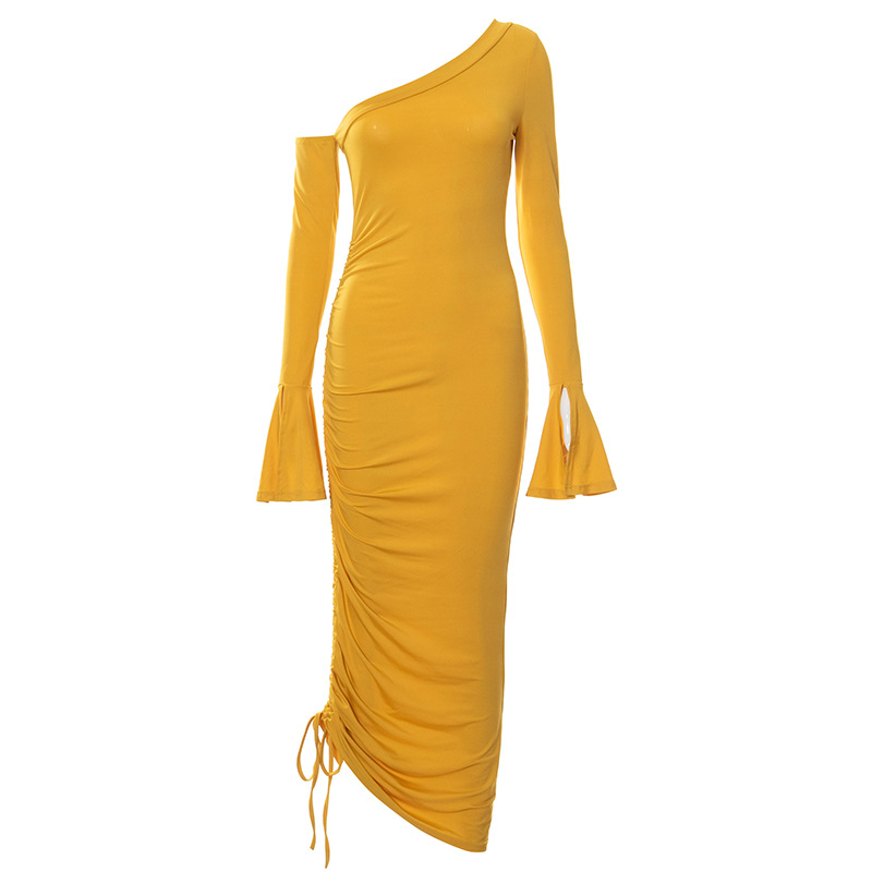 solid color slanted shoulder flared sleeve pleated irregular dress nihaostyles clothing wholesale NSMG81181