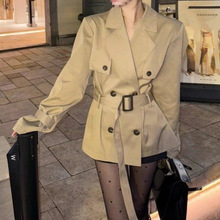 跨境美式辣妹卡其色廓形双排扣中长款风衣秋冬感外套女涤纶半开领