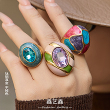 中古vintage时尚珐琅彩釉玻璃石戒指女ins夸张设计手饰不锈钢饰品