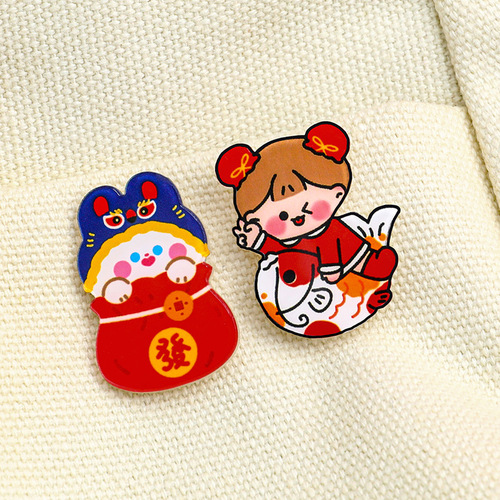 Student Cartoon New Year Brooch Acrylic Backpack Decoration Spring Festival Cute New Year Greeting Badges Pendant Small Gift