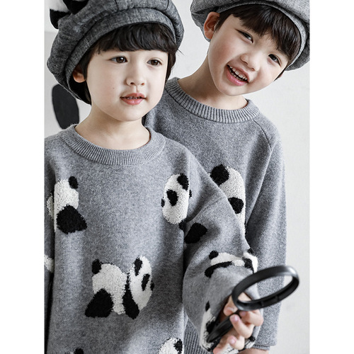 Wulibu Yi Children's Panda Embroidered Round Neck Knitted Sweater Casual Top 2024 New Boys' Sweater Trend