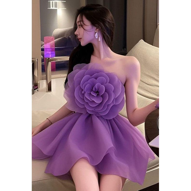 时髦法式花朵设计立体重工一字抹胸晚礼服名媛生日裙子连衣裙女