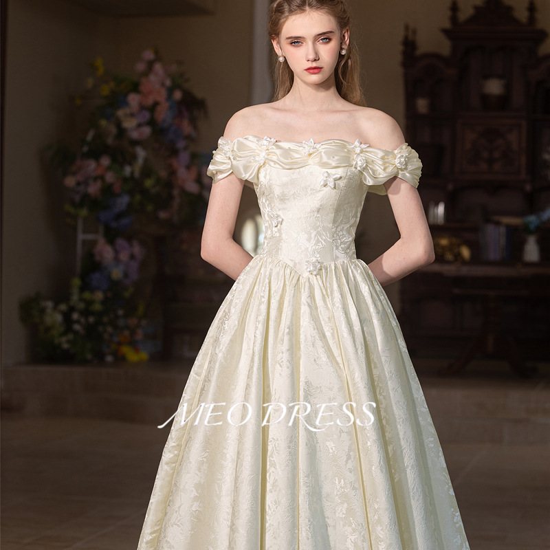 Off-the-shoulder Bridal Wedding Engagement Hepburn-style High-end Printed Satin Fairy-like French White Evening Dress_voghion.com