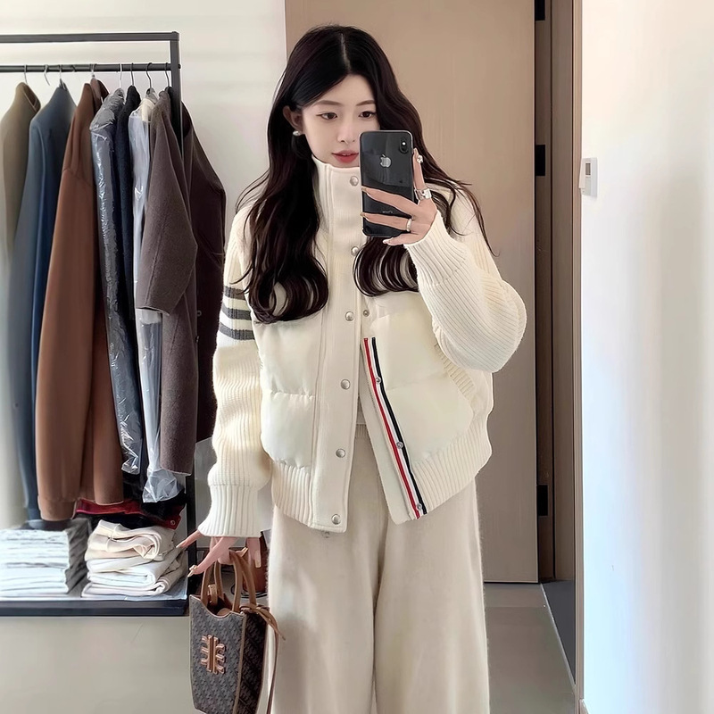 Tb down Jacket Women's Short Style 2026 Winter New Korean Style Loose Jacket Trendy Three Stripes Knitted Sleeves Stylish