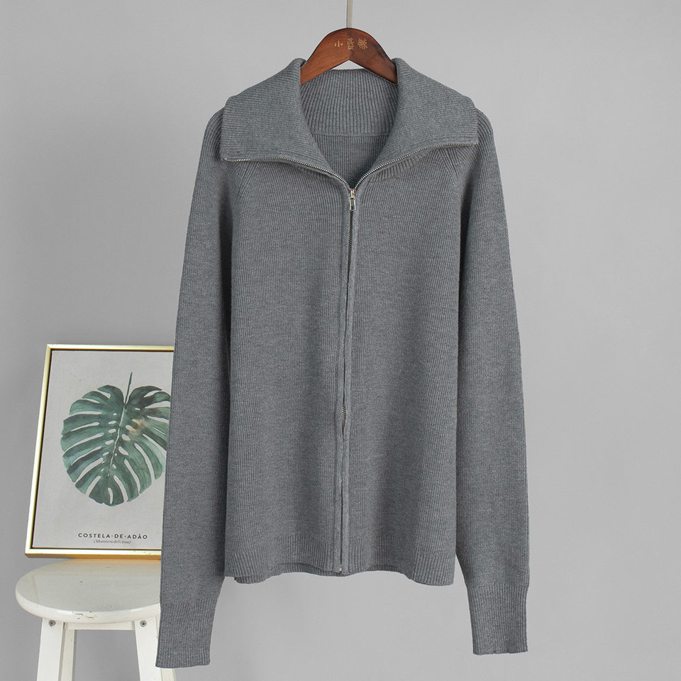 Bộ áo cardigan dệt kim khóa kéo phối quần dài ống rộng nữ — màu bột yến mạch, màu nâu, màu xám, trắng chi tiết 7