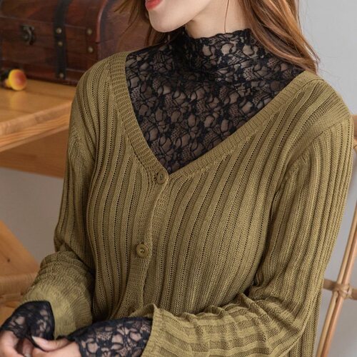 Lace bottoming shirt for women, long-sleeved, new spring/autumn/winter style, mesh, plus size, slim-fit, stretchy, sheer gauze top.