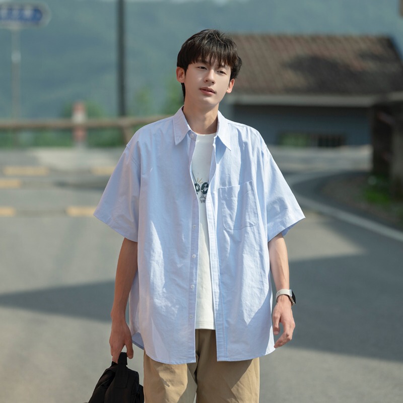 American Short-Sleeved Shirt Men's Summer Loose High-End Handsome Lapel Shirt Light Blue Casual Loose Jacket