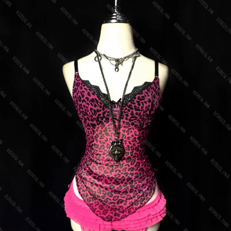 European and American New Mesh See-Through New Leopard Print Lace Gothic Sexy Slimming Camisole Top