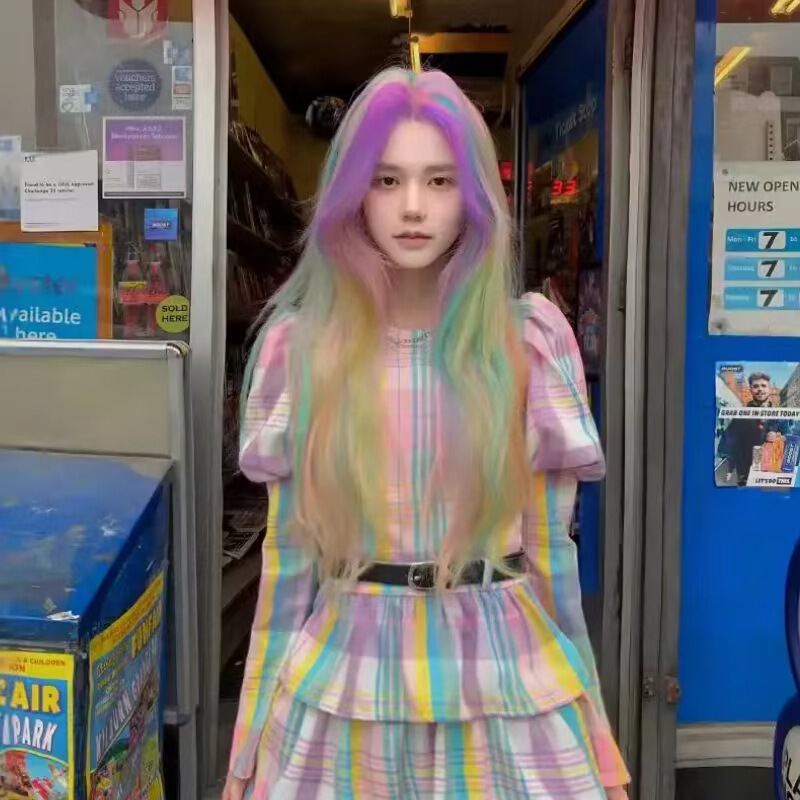 [Color frosting] Rainbow color medium long curly hair temperament white simulation hair wig female full head cover female