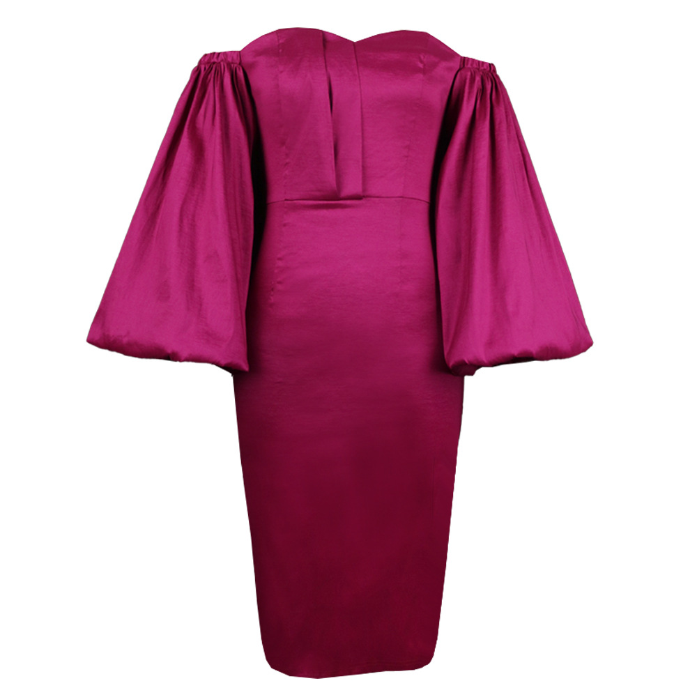 Damkläder Hög midja plus size slimmad festklänning plus size dam tub top off shoulder klänning med lanternärm_voghion.com