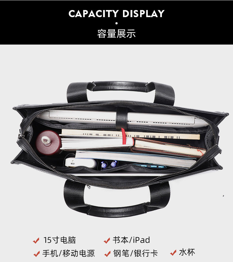 Túi xách tay nam da bò lớp đầu 40×13×29 cm đựng laptop 15.6 inch — Dây kéo dọc màu đen không có túi bên, Dây kéo dọc màu đen có túi bên chi tiết 11