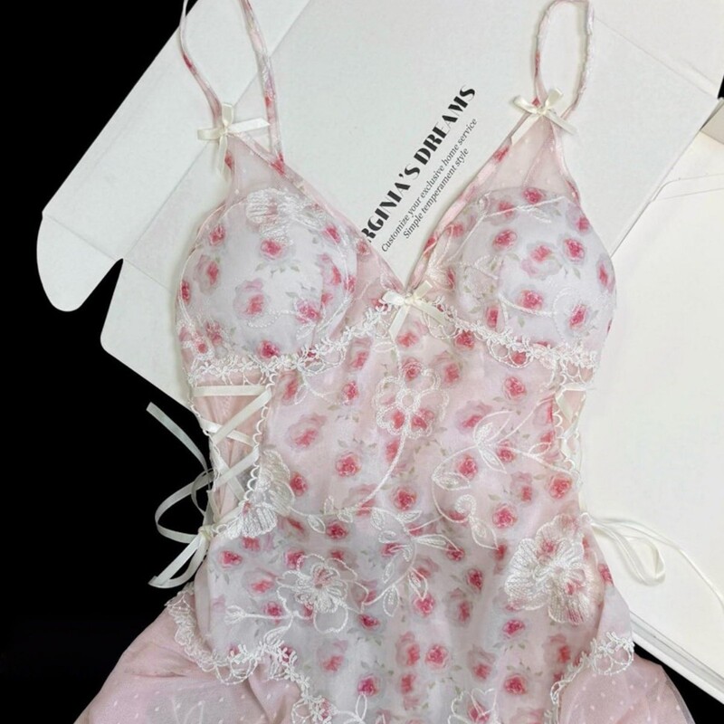 High-End Lace Flower Embroidery Sexy Suspender Nightgown Pure Desire Mesh Ice Silk Spring and Summer Pajamas for Women with Breast Pads High-End Lace Flower Embroidery Sexy Suspender Nightgown Pure Desire Mesh Ice Silk Spring and Summer Pajamas for Women with Breast Pads