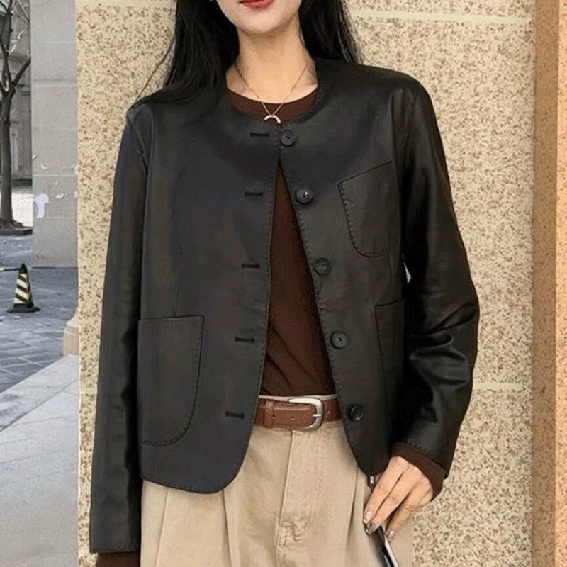 Кожаная женская куртка, осень 2021, новая элегантная кожаная куртка с круглым вырезом, модный женский стиль, короткий универсальный топ, модный