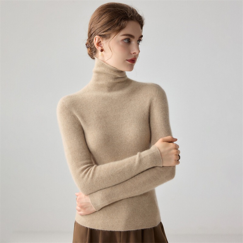 High-end ready-to-wear women's cashmere sweater with a stacked collar, soft and warm, high-necked, slim-fit, knitted wool base layer