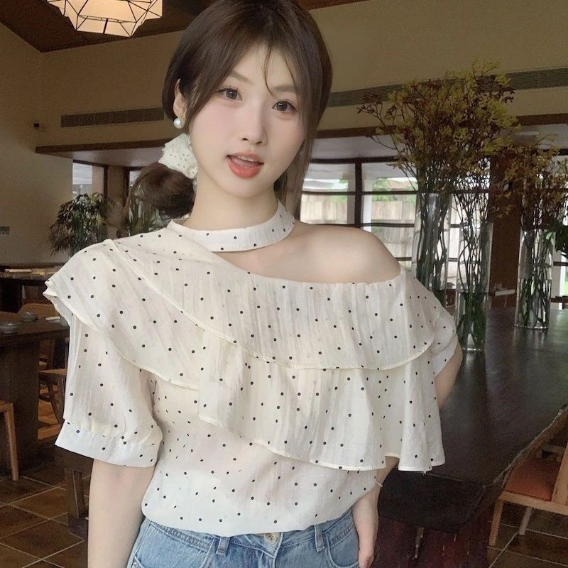 Summer Loose and Sweet Temperament Top Simple Polka Dot Off-Shoulder Ruffled Halter Shirt Women's Chiffon Shirt Short-Sleeved Summer