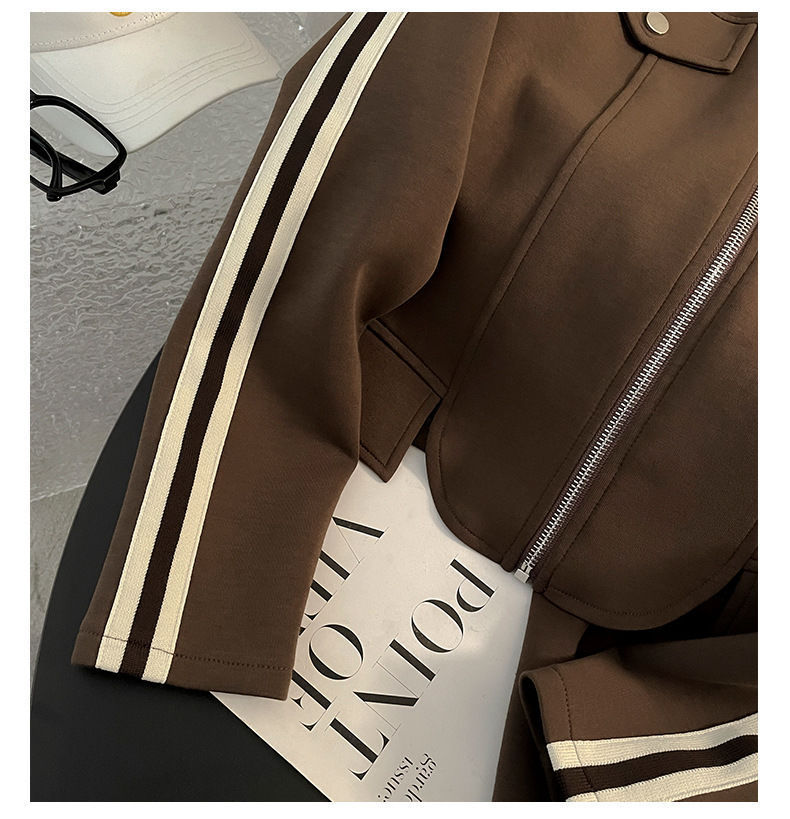 Korean Style Women's Zip-Up Hoodie & Jogger Pants Set - Casual Sporty Outfit (S-2XL, Black/Brown)_ecoleips.com