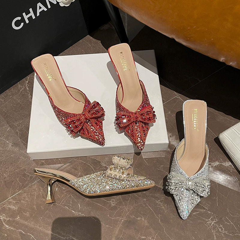 Женские босоножки на высоком каблуке, летние модные туфли-лодочки с заостренным носком, женские полусапожки с бантом из страз в стиле интернет-знаменитостей