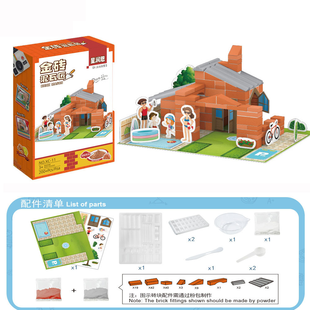 Masón diy construyendo a mano casa mini cabaña modelo arquitecto maestro de simulación ladrillo construyendo casa juguetes