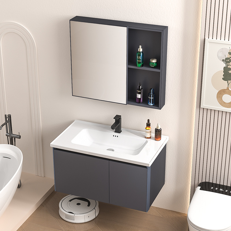 Gabinete de baño de aluminio espacial nórdico todo en una bañera cerámica colgada de pared tipo espejo gabinete combinado inodoro a prueba de agua almacenamiento de lavado