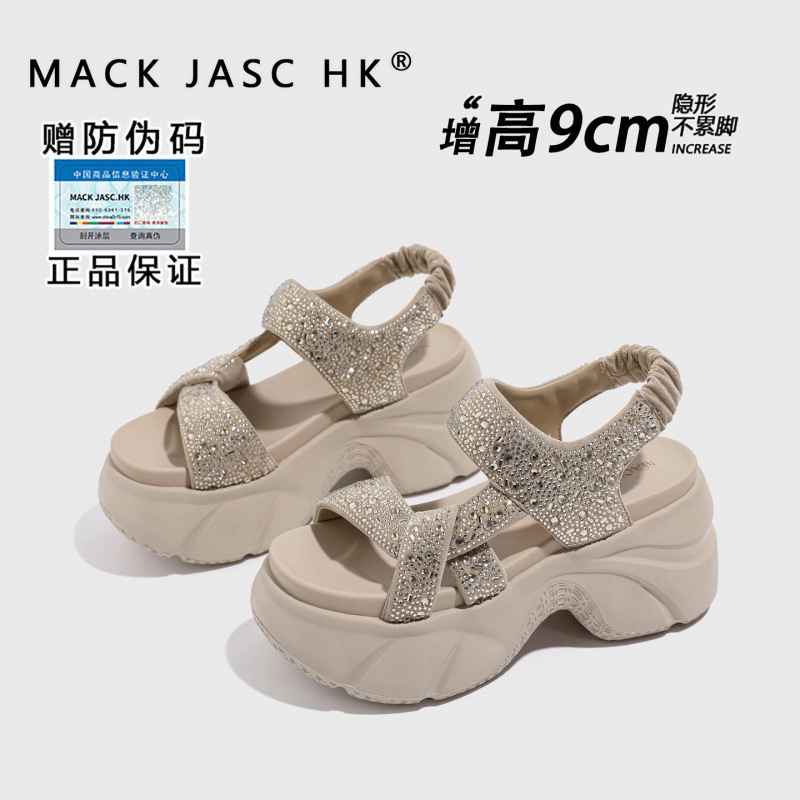 Hong Kong 9cm Height-Increasing Sandals for Women 2026 Summer New Style for Petite Women, Thick-Soled Versatile Fashion Rhinestone Roman Sandals