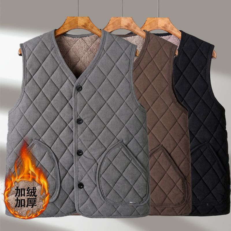 New autumn and winter fleece-lined warm vest for middle-aged and elderly men, short style, loose fit, large size, versatile