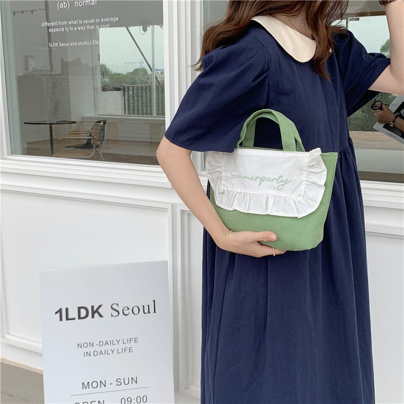 1441 Japanese and Korean chic Sweet ruffled bento Bag, Fresh embroidered hand-held small cloth bag, girl student bag wholesale undefined