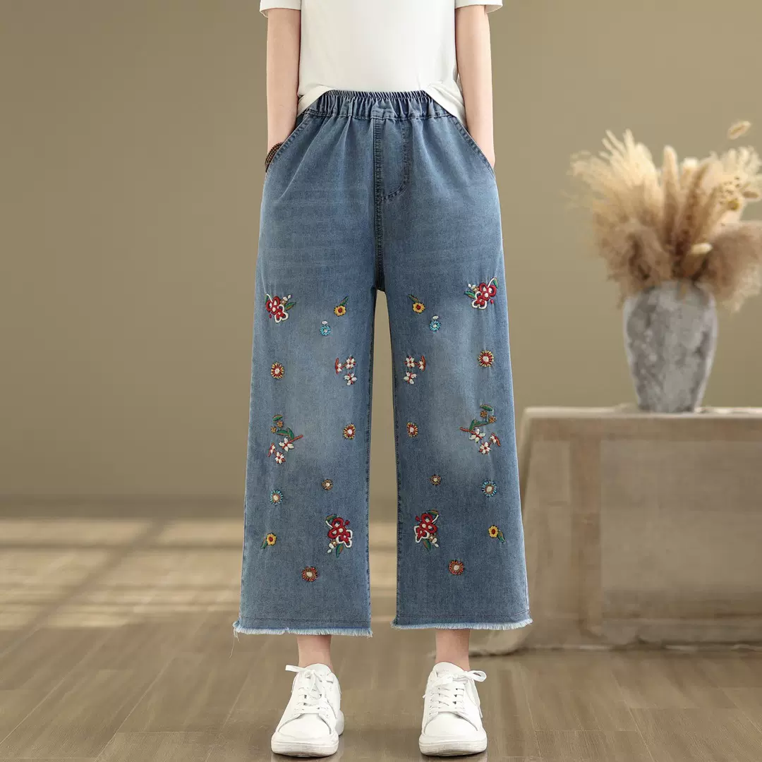 春秋新款阔腿民族风刺绣牛仔裤女高腰宽松大码直筒八分九分休闲裤