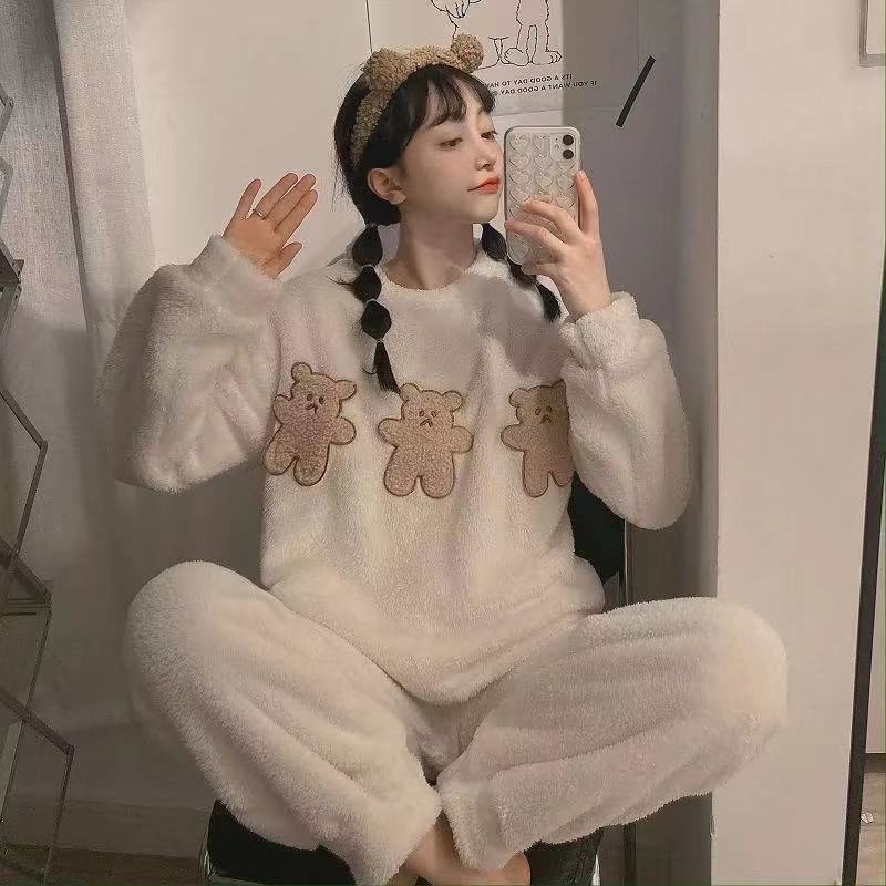 Pijamas de invierno las mujeres coral fleece dulce lindo Otoño e Invierno engrosada franela corte princesa estilo desgaste del hogar traje