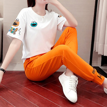 运动套装女夏装新款2023韩版潮流卡通印花刺绣圆领时尚卫衣两件套