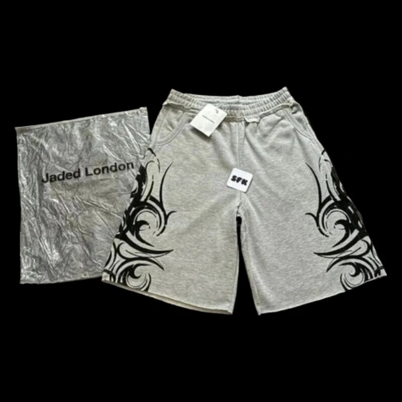 Harajuku Printed Casual Unisex Geometric Graffiti Shorts Y2K High-Waisted Loose Hip-Hop Pure Cotton Sports Wide-Leg Shorts