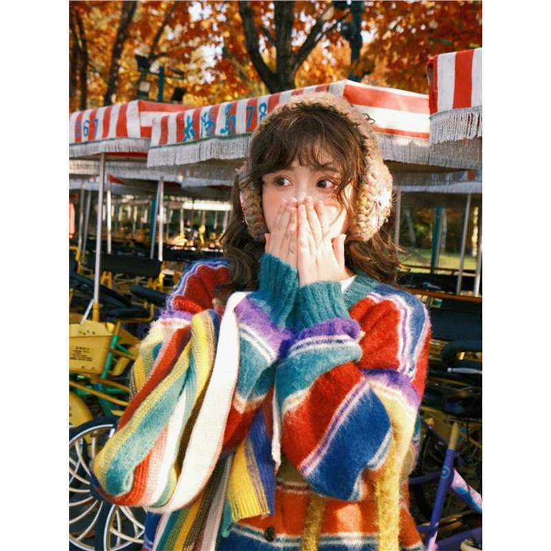 Japanese Retro Rainbow Striped Sweater Coat for Women, Autumn and Winter Outerwear, Loose and Lazy Style, Knitted Cardigan, Thick