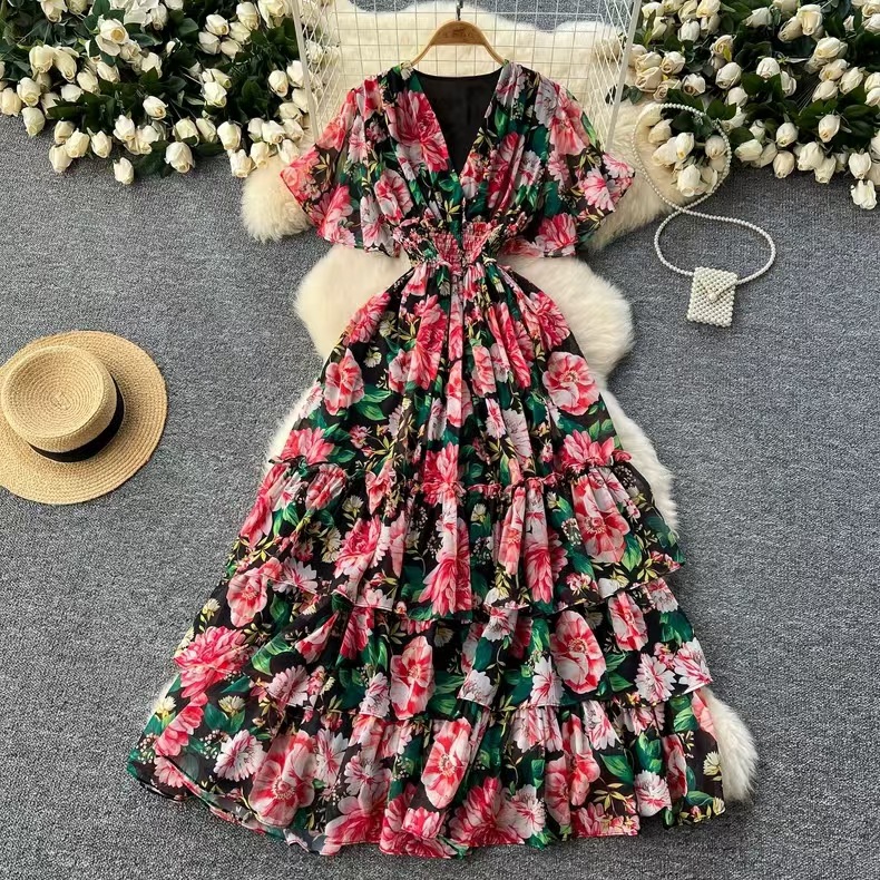 Floral Maxi Dress – High Waist Chiffon A-Line Dress With Ruffled Sleeves (One Size, V-Neck, Elegant Occasion Wear)_ecoleips.com