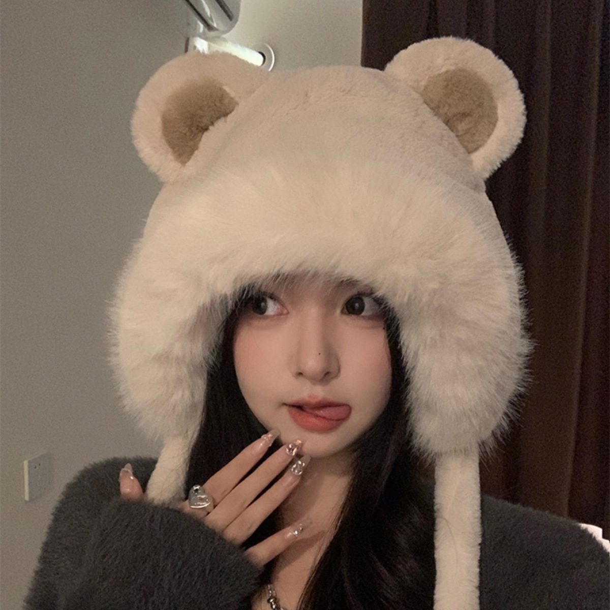 2025 nuevo sombrero coreano de otoño y invierno para mujeres caliente sombrero frío de punto multifuncional grueso orejas de oso lana sombrero Thunderfeng