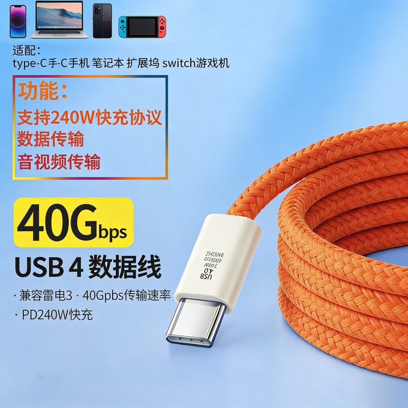 Full-Featured 40Gbps Dual-Head Typec Data Cable Compatible with Thunderbolt 4 Fast Charging 240W Charging Cable Ultra-Clear Video Cable Full-Featured 40Gbps Dual-Head Typec Data Cable Compatible with Thunderbolt 4 Fast Charging 240W Charging Cable Ultra-Clear Video Cable