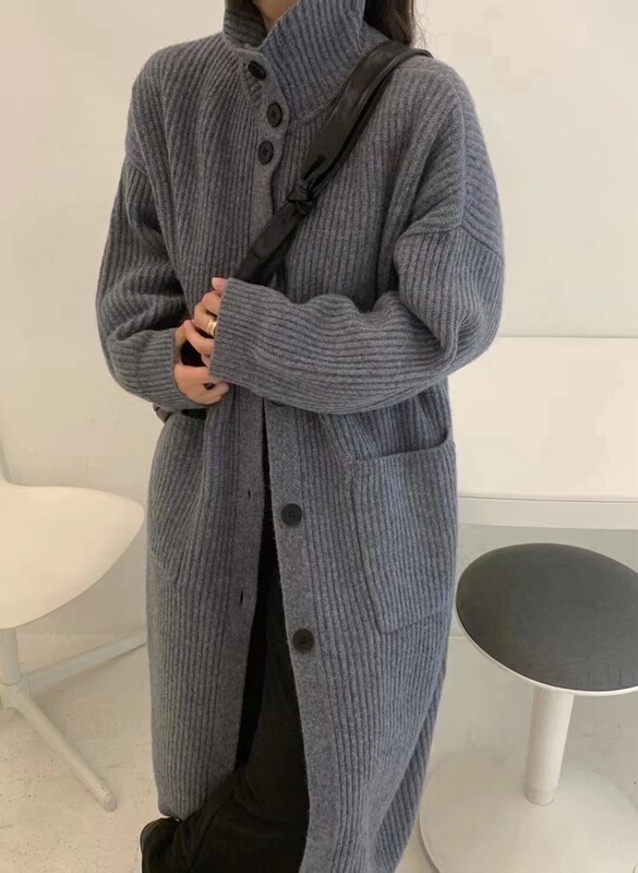 厚实软糯慵懒风粗针毛衣开衫女设计感小众高领中长款针织大外套|undefined