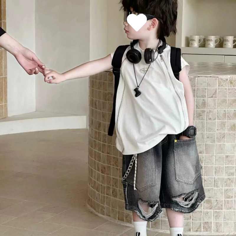 흰색 지퍼 조끼 + 체인 찢어진 청바지