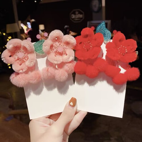 New Year Velvet Flower Hairpin Ancient Style Fairy Hair Clip Hair Accessory Sweet Pair Clip Girls New Year Accessories Children's Hanfu Headwear