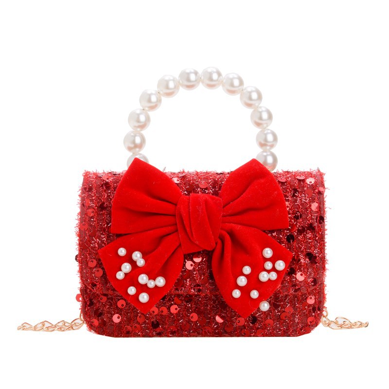 2025 rojo festivo bolso de Año Nuevo para niños estilo occidental perla bolso de niña hilo bordado bowknot bandolera para niños