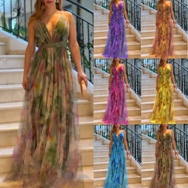 Cross-Border 2026 European and American Spring/Summer New Mesh Printed Strap Dress Ins Vacation Casual Flared Dress for Women