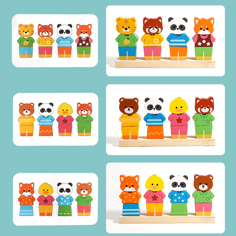 Los niños animales cambian de vestir con patrón de columna de emparejamiento de colores ejercicio cognitivo de movimiento fino juguetes de madera de educación temprana