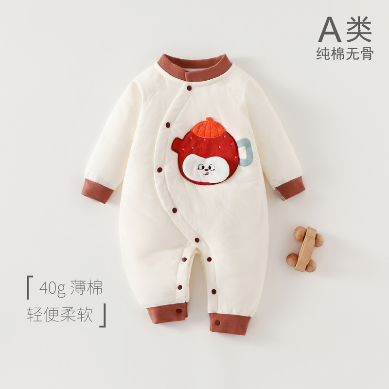 Baby 60g Thin Cotton Jumpsuit Three-Layer Quilted Clothing Seamless Romper for Boys and Girls with Partial Placket for Warmth in Autumn and Winter