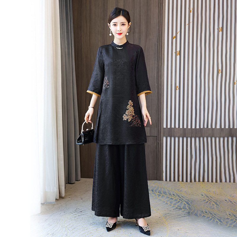 Elegant silk silk fashion suit women's new spring mulberry silk wide-leg pants two-piece top dress