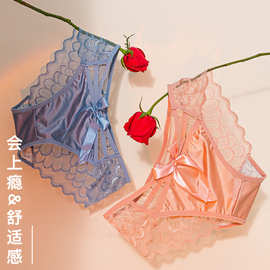 新款油光缎面蝴蝶结甜美少女内裤纯欲镂空蕾丝性感中腰女士三角裤