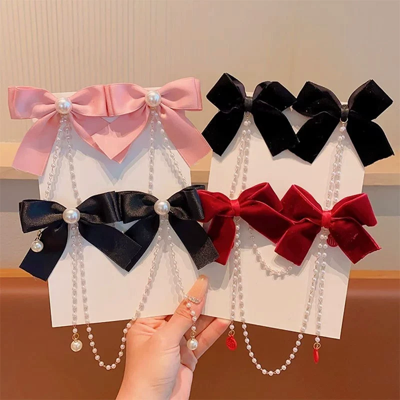 Children's hairgrip, pendant with bow with tassels, red hair accessory, Chinese style