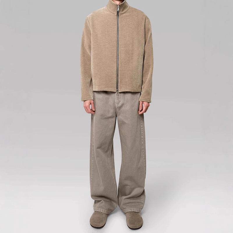 【Jtfs】Plus No Logo Chenille Shadow Stripe Old Money Jacket Velvet Double Zipper Mock Neck