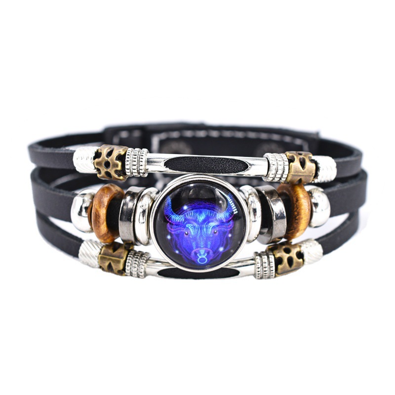 Retro doce signos del zodiaco luminoso pareja pulsera de cuero Estudiantes suministro de personalidad tres capas tejidas pulsera de cuero con cuentas