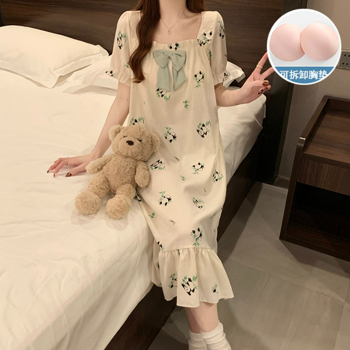 2025 verano nuevo hogar ropa de mangas cortas pijama de niñas cuello cuadrado de encaje dulce nube de algodón cojín de pecho pijama