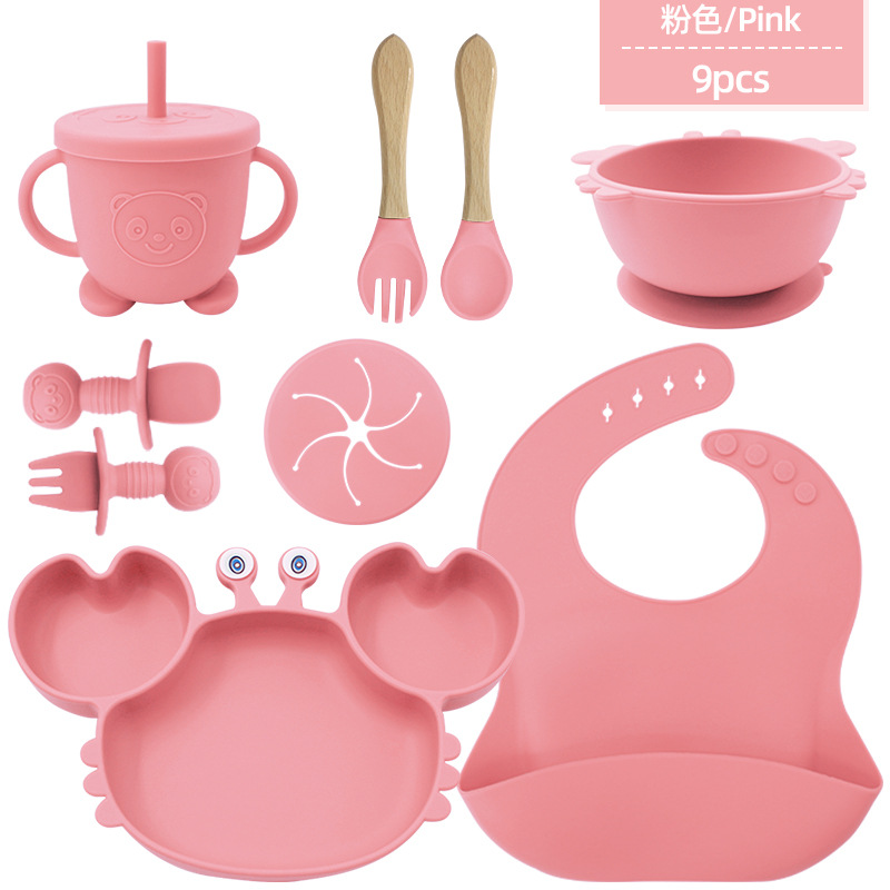 cubiertos de silicona para niños, platos de alimentación para bebés, cucharas de cangrejo, cuchillas de tenedor, bacon de nueve piezas, cubiertos de dibujos animados para bebés