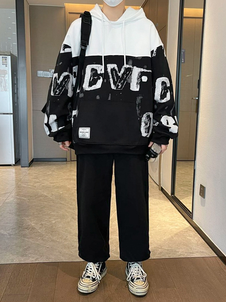 Los fabricantes de origen pueden personalizar el logotipo de los hombres jóvenes primavera y otoño moda suelta suéter con capucha suéter pantalones traje hombres